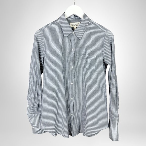 Nili Lotan NL Blue and White Pinstripe Pocket Buttoned Shirt - Picture 1 of 7